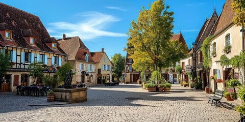 A charming European village square with cobblestone streets and old architecture - obrazy, fototapety, plakaty