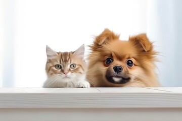Cute little kitten and dog on home interior background