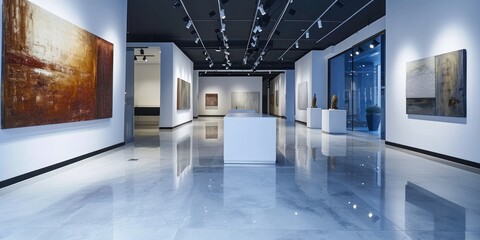 A modern art gallery with abstract paintings, sculptures, and a minimalist interior.