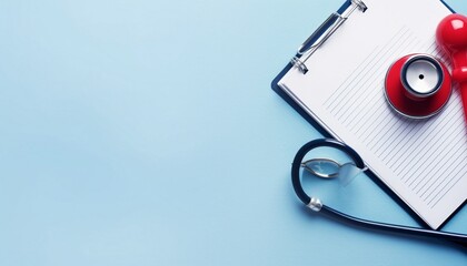 Stethoscope and red heart on blue background with copy space for text