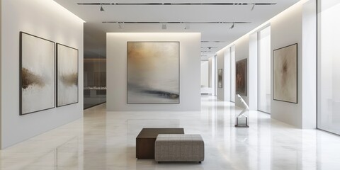 A modern art gallery with abstract paintings, sculptures, and a minimalist interior.