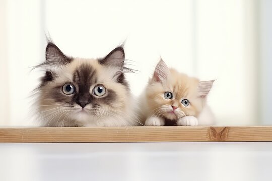 Two maine coon kittens sitting on a wooden shelf in the room