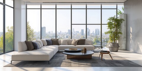 spacious, minimalist living room with large windows, modern furniture, and a city view. Ideal for interior design - Powered by Adobe