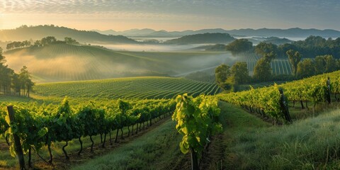 panoramic view of rolling vineyards at sunrise, with rows of grapevines and a misty background.