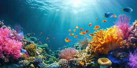 serene coral reef underwater scene with colorful fish and vibrant marine life.
