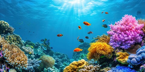 Naklejka na ściany i meble serene coral reef underwater scene with colorful fish and vibrant marine life.