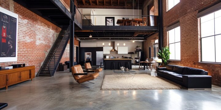 industrial warehouse converted into a trendy loft space, with exposed brick and modern decor.
