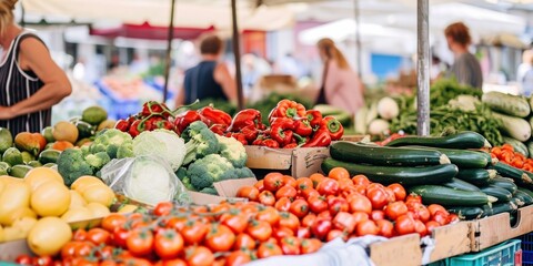 vibrant farmer's market with fresh fruits and vegetables on display, and shoppers engaging with local farmers.