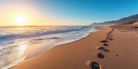 expansive, sandy beach at sunrise, with gentle waves, a clear sky, and footprints in the sand  - Powered by Adobe