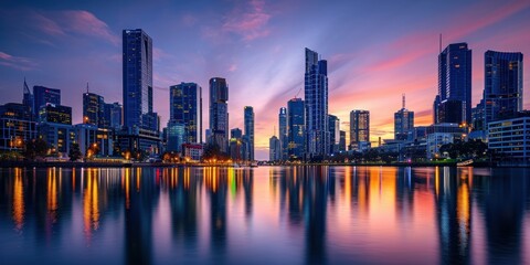 A vibrant cityscape at sunset, featuring tall skyscrapers with lights starting to twinkle - obrazy, fototapety, plakaty