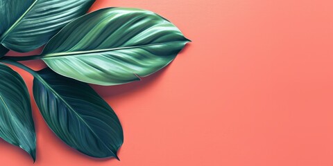 Lush green tropical leaves against a vivid coral background, evoking a fresh and trendy vibe.	