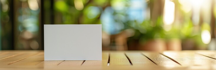 Blank business card mockup on a wooden table with a bokeh greenery background, ideal for presentation and branding.