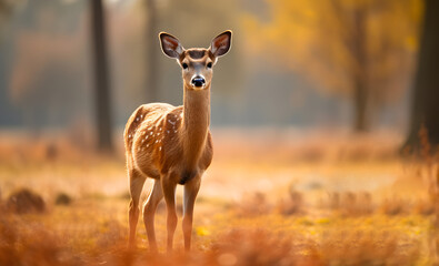 young deer with grazing eyes stand on meadow  - 709462308