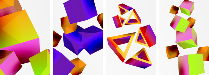 Flying 3d shapes, cubes and other geometric elements background design for wallpaper, business card, cover, poster, banner, brochure, header, website