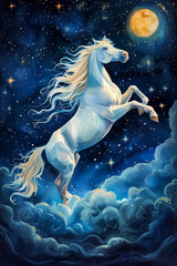 Obraz na płótnie Canvas Fairytale white horse galloping in the night sky. Magical equestrian illustration for birthday card and children’s books by Vita