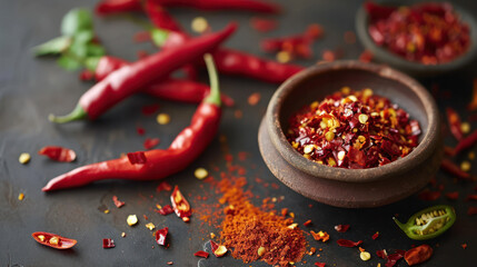 Flat lay composition with powdered and raw chili peppers on dark background. Space for text.