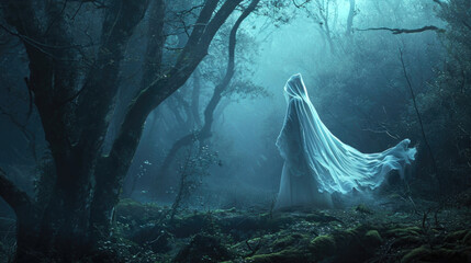 A dark, shadowy forest illuminated by the ghostly figure of a banshee, her white gown billowing behind her as she drifts through the trees, her haunting cries signaling a Fantasy art - obrazy, fototapety, plakaty