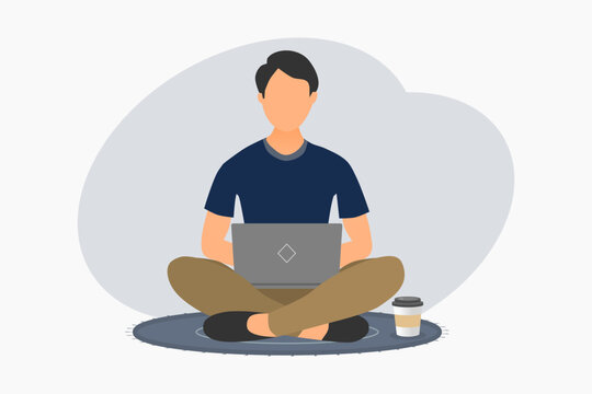 A young man sitting on the floor and working on a laptop. Vector illustration.