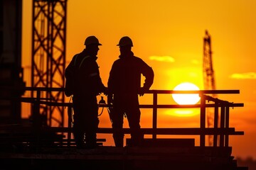 Fototapeta na wymiar Silhouette of two engineers on working site ,Construction site with beautiful sunset