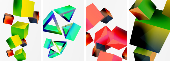 Flying 3d shapes, cubes and other geometric elements background design for wallpaper, business card, cover, poster, banner, brochure, header, website