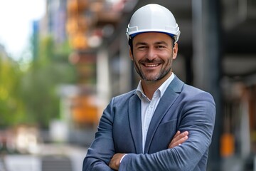Smiling businessman with helmet on head 
