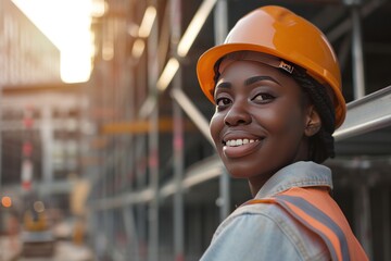 smiling and cheerful young black woman or senior construction  - obrazy, fototapety, plakaty