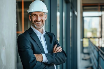 Smiling businessman with helmet on head standing 