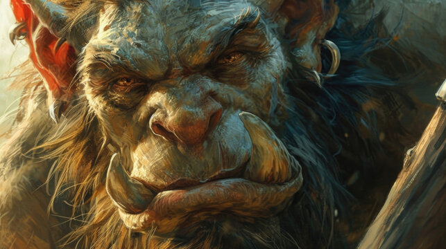 Despite its fierce appearance, the ogres eyes hold a glimmer of intelligence, making one wonder if there is more to this creature than meets the eye. Fantasy art