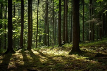 A beautiful forest scene Emphasizing the diversity of plant life and the interplay of light and shadow among trees