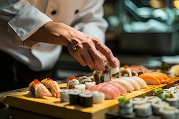 A chef artistically preparing a sushi platter Highlighting the art of japanese cuisine - obrazy, fototapety, plakaty