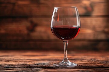 A close-up of an exquisite wine glass Filled with red wine On a rustic wooden table