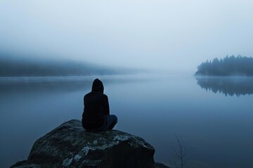 A contemplative individual looking out over a misty lake at dawn Reflecting on life - obrazy, fototapety, plakaty