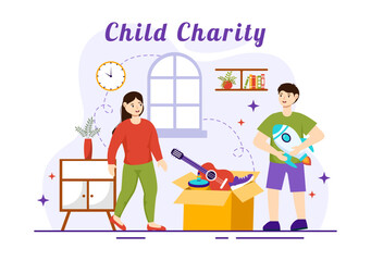 Child Charity Vector Illustration of Charitable Support and Protection of Children with Toy Donation Boxes, Food and Medications Humanitarian Aid