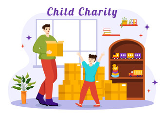 Child Charity Vector Illustration of Charitable Support and Protection of Children with Toy Donation Boxes, Food and Medications Humanitarian Aid