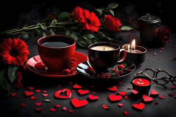 cup of coffee with red rose petals on black