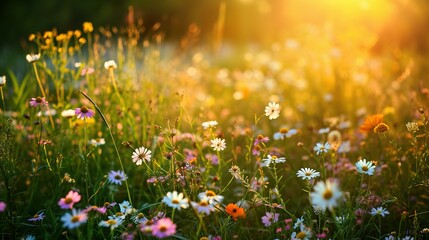 Fototapeta premium Beautiful wildflowers on a green meadow. Warm summer evening