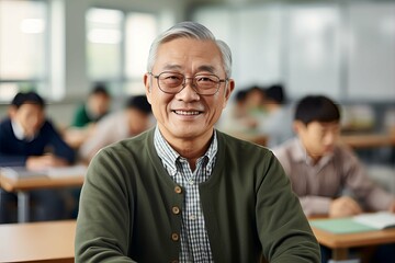Obraz premium 教室で勉強するシニア男性 AI生成画像