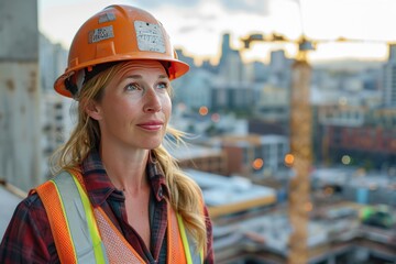 woman wearing a construction vest and hard hat against a construction site 
