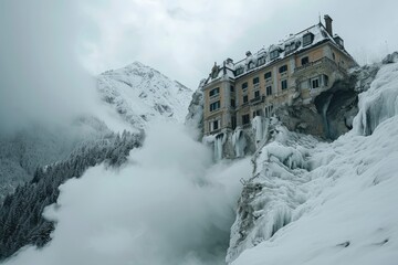 large building perched precariously on the edge of a cliff amidst a snowy and mountainous landscape