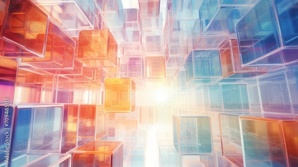 Wall mural vibrant 3d rendering: abstract colorful background with transparent cubes installation