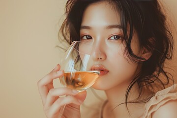 Young Asian woman with glass of wine on beige 