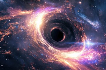 Artistic representation of a black hole warping space-time Light bending around it - obrazy, fototapety, plakaty