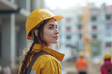 Beautiful female engineer at construction site, beautiful worker