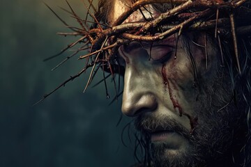 Jesus in a crown of thorns A portrait of suffering and redemption - obrazy, fototapety, plakaty