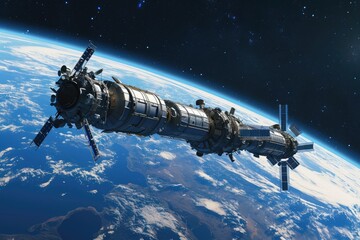 Futuristic space station orbiting earth High-tech design and solar panels - obrazy, fototapety, plakaty