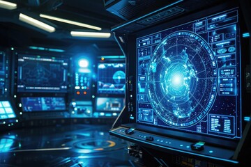 Holographic display of a galaxy map in a spaceship's control room