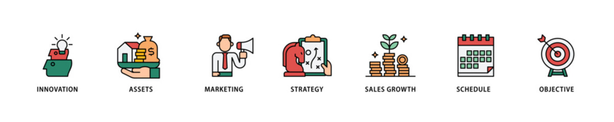Business plan  icon set flow process which consists of innovation, assets, marketing, strategy, sales growth, schedule, and objective icon live stroke and easy to edit 