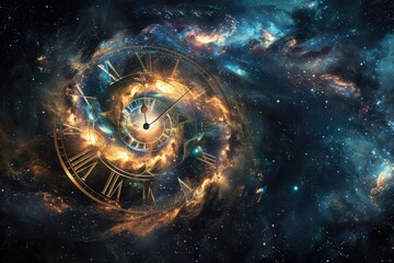 Cosmic clock depicting the evolution of the universe - obrazy, fototapety, plakaty