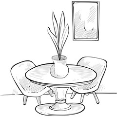dining room interior design handdrawn illustration