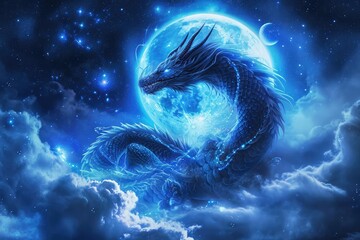 Cosmic dragon coiling around a moon Mythical and majestic